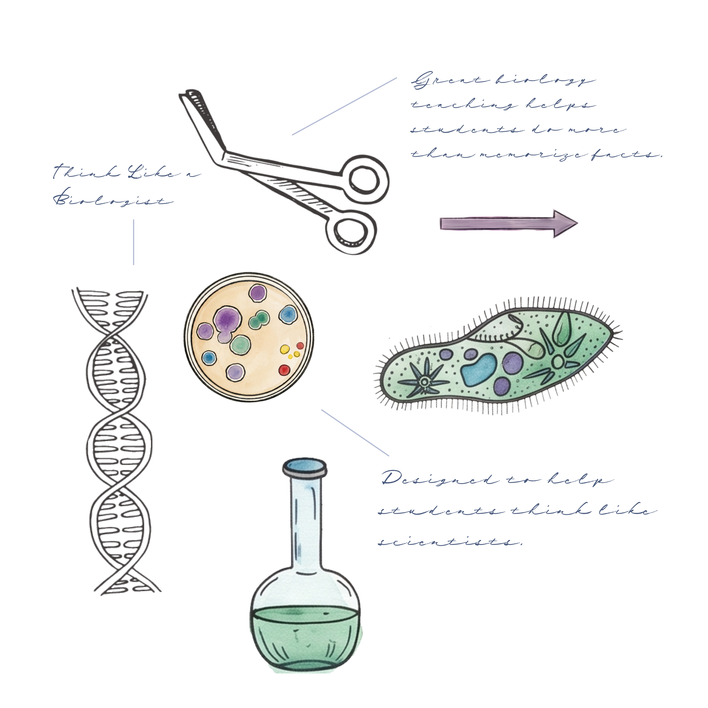 Biology collage with petri dish, dna, and beaker